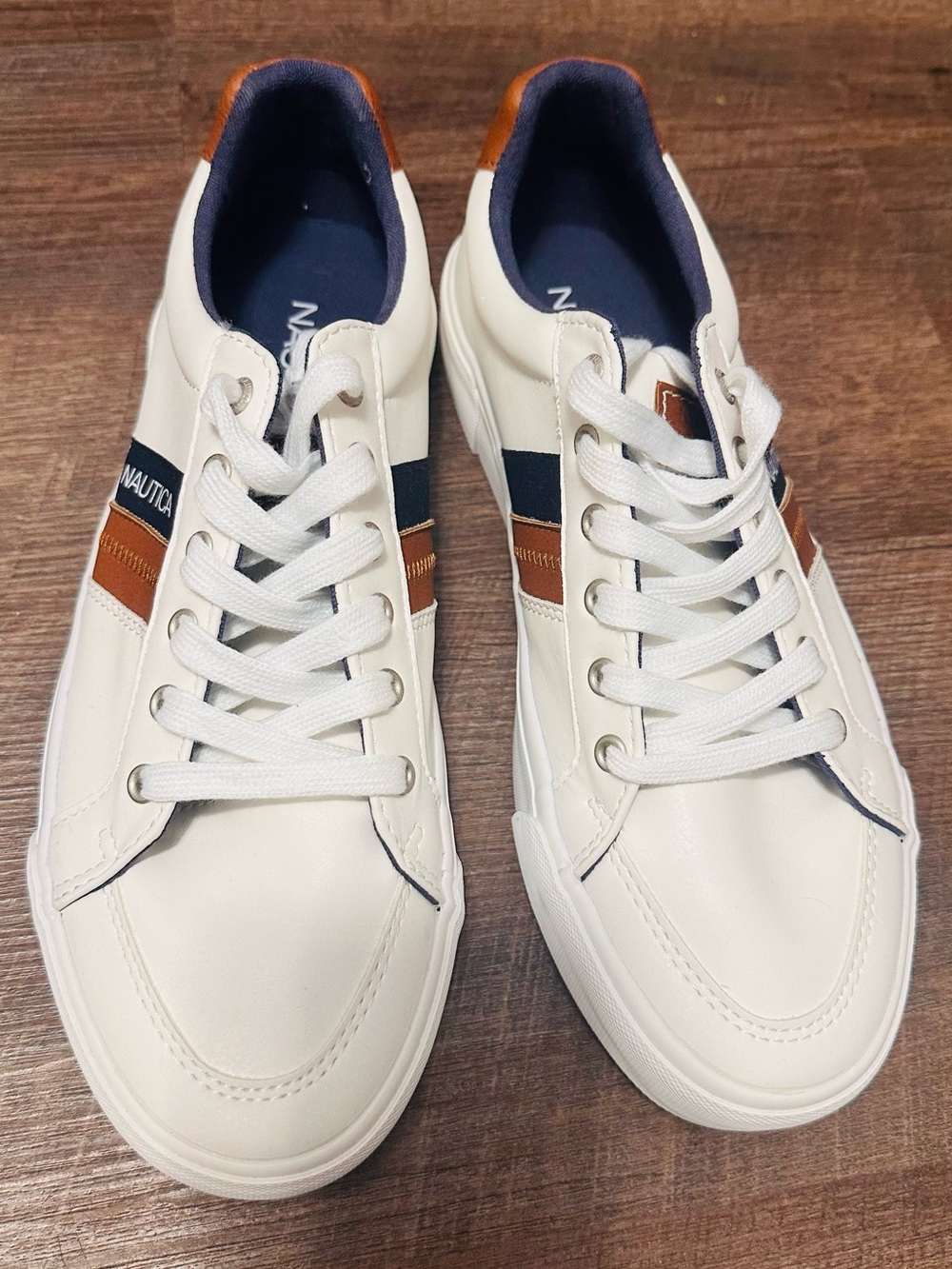 Nautica Men’s White Sneakers with Navy & Brown Stripe Accents